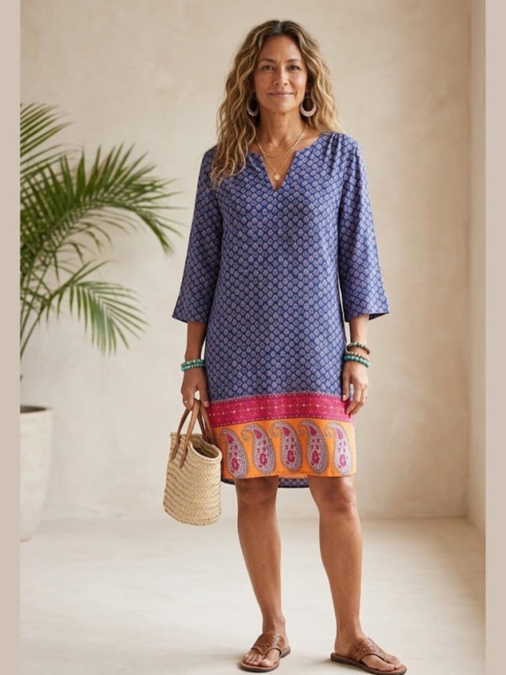 FADED GLORY Navy Blue Geo Print Dress Paisley Hem Tassels Size L Boho Coastal